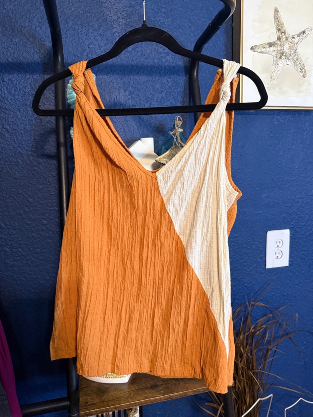 Women’s Two-Tone Orange & Cream Knot-Shoulder Tank Top